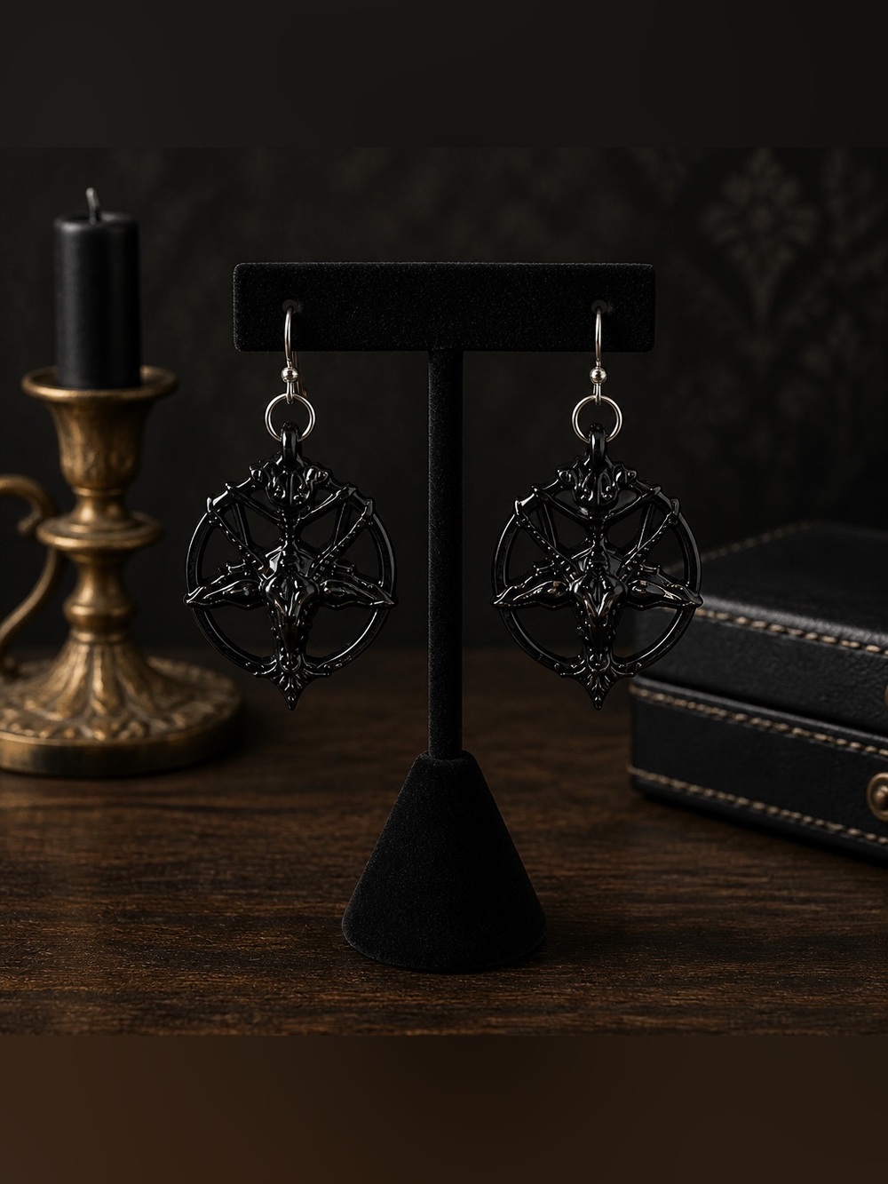 Black Baphomet Pentagram Dangle Earrings - hypoallergenic hooks - goth